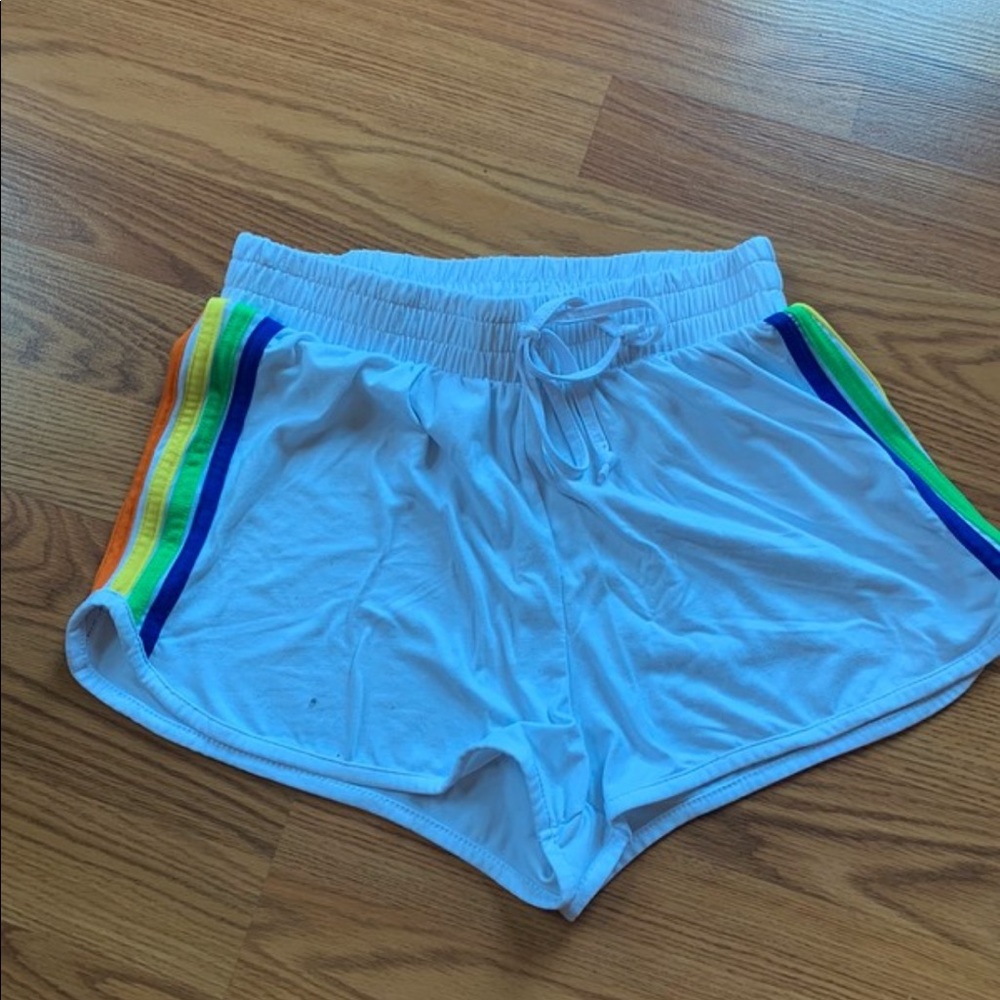 white and rainbow shorts
